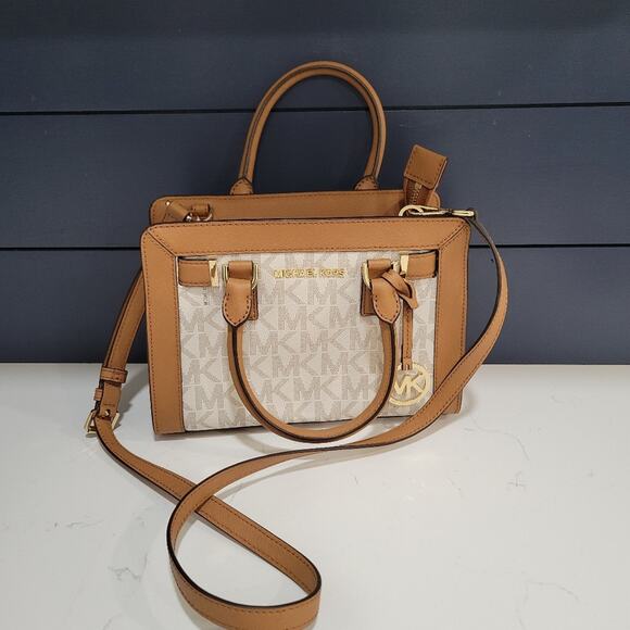 Michael Kors Dillon Monogram Small Satchel and Crossbody Bag Vanilla - Picture 2 of 15